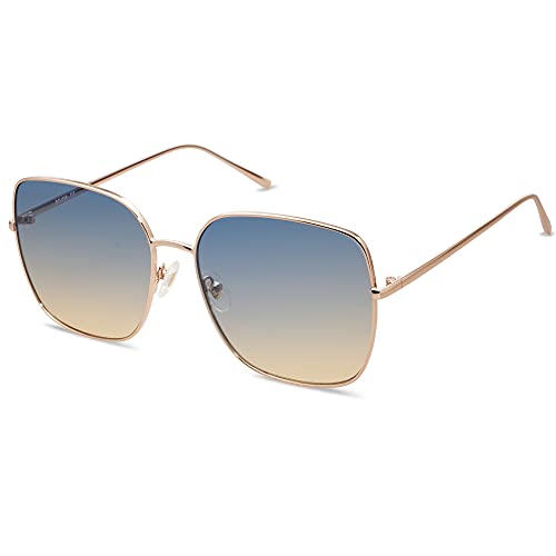 SOJOS Sonnenbrille Damen Vintage Verspiegelt, Herren Retro Groß Eckig Sonnenbrille UV400 Schutz Rechteckige Brille SJ1146 mit Glänzend roségoldener Rahmen/oben blau unten braune Linse von SOJOS