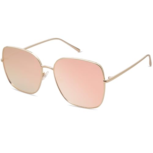 SOJOS Sonnenbrille Damen Vintage Verspiegelt, Herren Retro Groß Eckig Sonnenbrille UV400 Schutz Rechteckige Brille SJ1146 mit Glänzender Goldrahmen/Rosa verspiegelte Linse von SOJOS