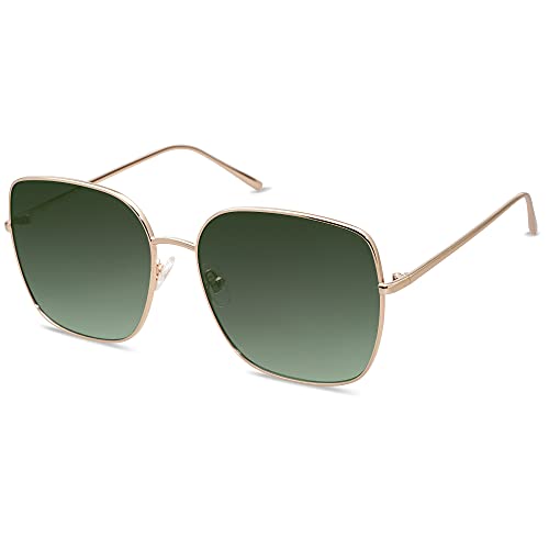 SOJOS Sonnenbrille Damen Vintage Verspiegelt, Herren Retro Groß Eckig Sonnenbrille UV400 Schutz Rechteckige Brille SJ1146 mit Glänzender Goldrahmen/Graugrünes Brillenglas von SOJOS