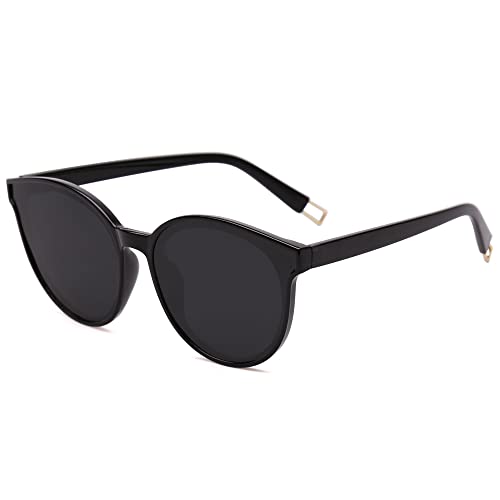 SOJOS Polarisierte Sonnenbrillen Damen Groß, Rund Herren Retro Vintage UV400 Schutz Brille SJ2057 Schwarz Rahmen/Graue Linse von SOJOS