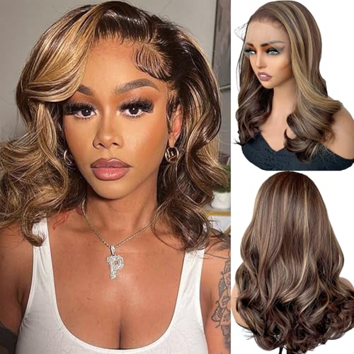 SOKU Lace Front Wig 13 x 6 Braun Highlights Ombre Synthetic Short Wig für Frauen, Shoulder Length 45 cm, 54 cm Cap Size von SOKU