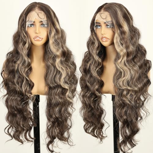 SOKU Kunsthaar-Perücke, hitzebeständig, 32 Zoll, Farbverlauf, Braun, 13 x 6 Spitzenfront, mit Babyhaar, gemischte Strähnen, braun und blond, natürliche Locken, für Mädchen für den täglichen Gebrauch SOKU Kunsthaar-Perücke, hitzebeständig, 32 Zoll, Farbverlauf, Braun, 13 x 6 Spitzenfront, mit Babyhaar, gemischte Strähnen, braun und blond, natürliche Locken, für Mädchen für den täglichen Gebrauch von SOKU