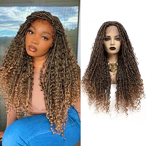 SOKU Lace Front Künstliche Locs geflochtene Perücke, 72 cm, Schweizer Spitze, Schatten, Braun, Unisex, Bohemian, gelocktes Haar, Synthetik, Häkelnadel mit Babyhaar, Bouncy Dreadlocs für Damen von SOKU