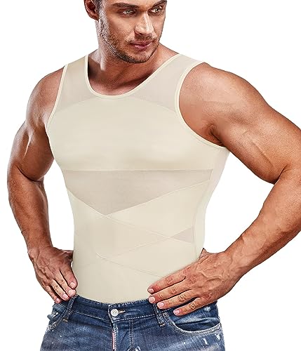 SOLCYSX Kompressions-Shirt für Herren, Schlankheits-Unterhemd, Body-Shaper, Tanktop für Gynomastica, ärmellos, Shapewear, Weste für Herren, Beige, L von SOLCYSX