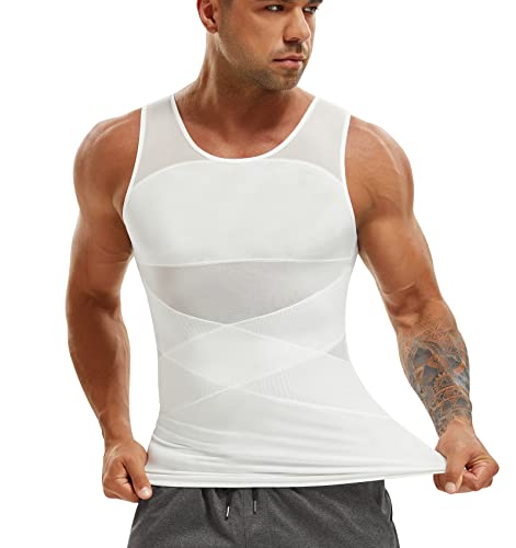 SOLCYSX Kompressionsshirt für Herren Schlankheitsunterhemd Body Shaper Tank Top für Gynomastica ärmellose Shapewear Weste Herren, Weiß, Mittel von SOLCYSX