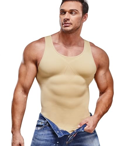 SOLCYSX Kompressionsshirt für Herren, schlankmachendes Unterhemd, Bodyshaper, Tanktop für Gynomastica, ärmellos, Shapewear, Beige, 3XL/4XL von SOLCYSX