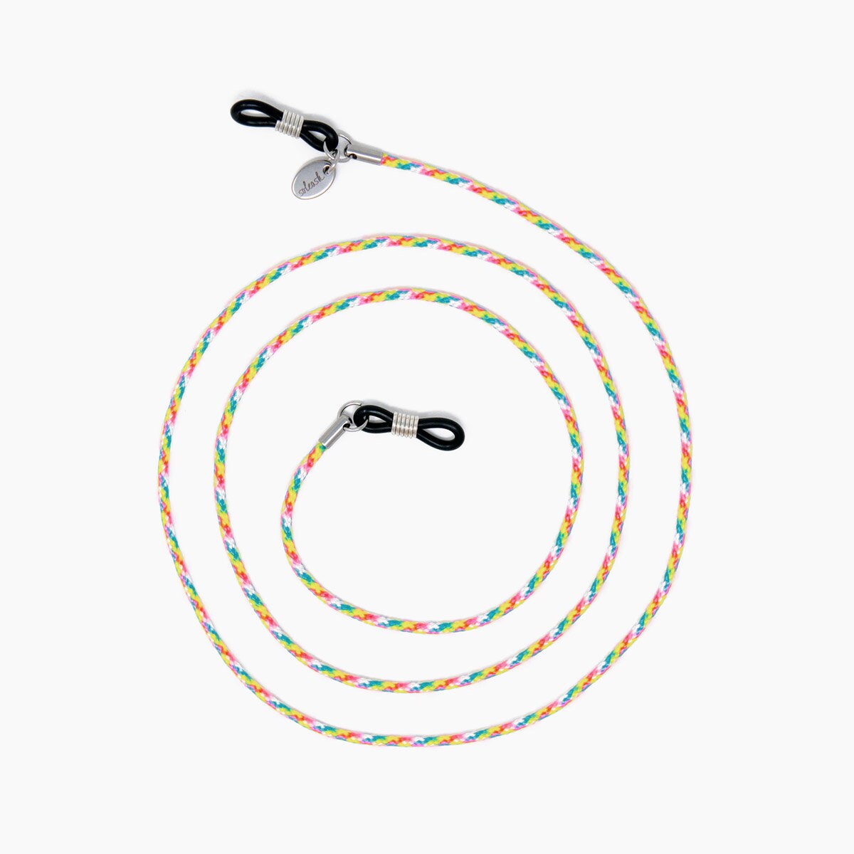 Buntes Brillenband Holi Soleash®, Handarbeit, Feine Brillenkette in 2mm, Pink-Türkis-Weiß-Gelb von SOLEASHcom