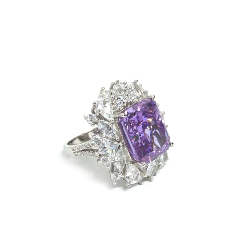 SOLIAXDIY RTT Jewelry Amethyst Halo Cocktail Ring - Round Purple CZ Statement Ring for Women White Gold Plated Vintage Style Jewelry (L½-Q), 925 Silber von SOLIAXDIY