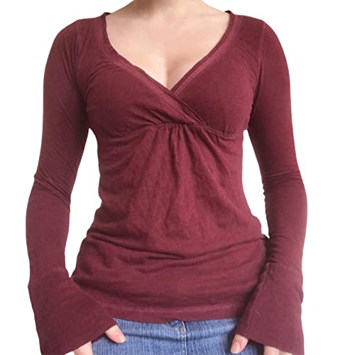 SOLILOQUY Damen Langarm Babydoll Tunika Tops V-Ausschnitt Rüschen Schößchen Bluse Shirts Y2K Plissee Flare T-Shirts, Wickelrot, Klein von SOLILOQUY