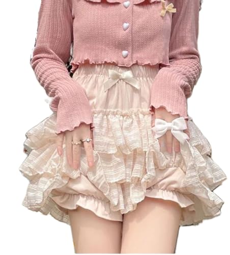 SOLILOQUY Damen Lolita Kawaii Mini Röcke Elastische Taille gestufte Rüschen Minirock/Skort Japanischer Koreanischer süßer süßer Rock, aprikose, Mittel von SOLILOQUY