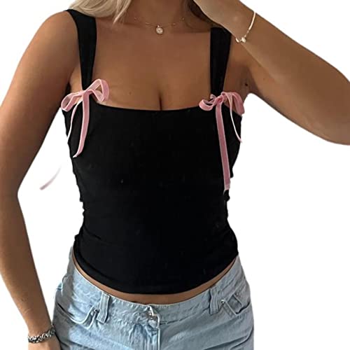 Vintage Bow Tie Tank Tops für Frauen Mädchen Fairy Grunge Y2K Crop Top 2000er Jahre Ästhetische Slim Fit Mini Weste Chic Streetwear, Ein schwarzes Tank-Top, Klein von SOLILOQUY