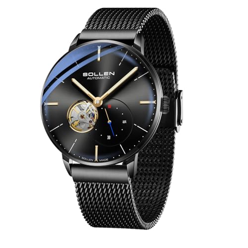 SOLLEN Automatikuhr für Herren, minimalistische und schlanke Uhren für Herren, 3 ATM wasserdichte Herren-Armbanduhr - 42 mm, Schwarze Cae, Casual von SOLLEN