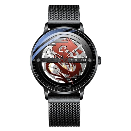 SOLLEN Doppelseitige Skelett-mechanische Uhr, dünne Automatikuhr, wasserdichte Mode-Tourbillon-Uhr, Roter Drache von SOLLEN