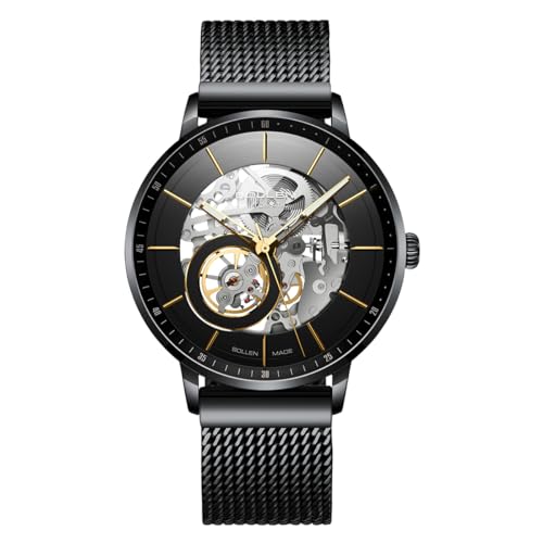 SOLLEN Herren Skelett Uhr Automatik Mechanische Uhr Minimalistisch Wasserdicht 3 ATM 30 Meter Herren Casual Uhr mit Edelstahl Mesh Armband - 42mm, Schwarzes Gehäuse | Schwungrad, Skelett, SL316-1 von SOLLEN