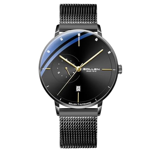 SOLLEN Herren Ultradünne Mechanische Uhr Luxus Automatik Uhr mit Edelstahlarmband, Minimalistisches Design, Leuchtanzeige und 24-Stunden-Funktion, Schwarzes Gehäuse, Minimalistisch, SL305-QH von SOLLEN