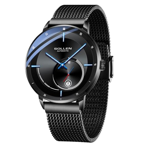 SOLLEN Schwarze Automatikuhr für Herren, Minimalistische und Schlanke Uhren für Männer, 3ATM wasserdichte Herrenarmbanduhr mit Leuchtfunktion - 42mm, 20 millimeters, Casual von SOLLEN