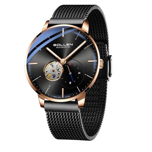 SOLLEN Schwarze Automatikuhren für Herren, minimalistische und schlanke Uhren für Männer, 3 ATM wasserdichte Herrenarmbanduhr mit Leuchtfunktion - 42mm, Rotgoldenes Gehäuse, Casual von SOLLEN