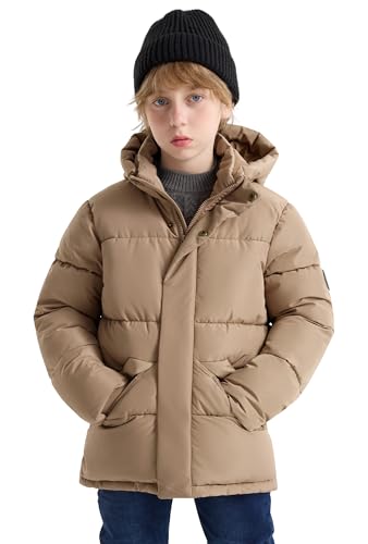 SOLOCOTE Große Jungen Winter Dicke Mäntel Kinder Puffy Fleece Schwergewicht Wasserabweisende Jacke mit Kapuze Gerippten Bündchen und Taschen für Kinder Gelb 140 von SOLOCOTE