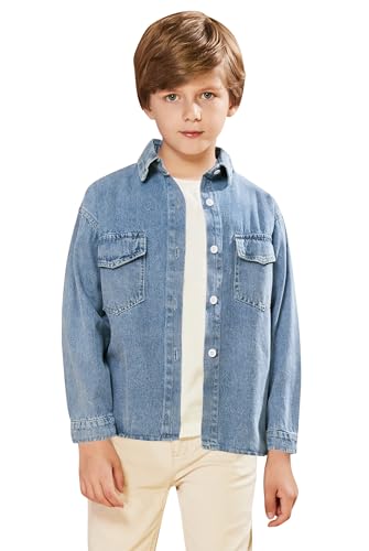 SOLOCOTE Jungen Denim Knopfleiste Hemd Langarm Reverskragen Bluse Leicht und Lässig Oberteil Blau 9-10 Jahre von SOLOCOTE