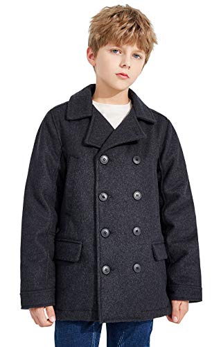 SOLOCOTE Jungen Mantel Elegante Kerbe Kragen Double Breasted Wolle Mischung über Erbsenmantel Dark Grey 9-10Y von SOLOCOTE