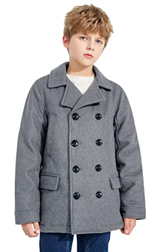 SOLOCOTE Jungen Mantel Elegante Kerbe Kragen Double Breasted Wolle Mischung über Erbsenmantel Light Grey 11-12Y von SOLOCOTE