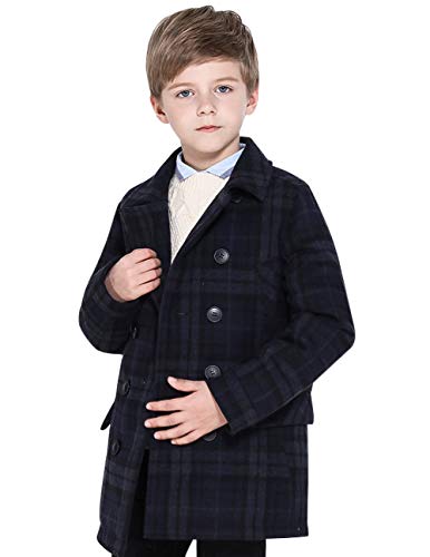 SOLOCOTE Jungen Mantel Elegante Kerbe Kragen Double Breasted Wolle Mischung über Erbsenmantel Navy/Grey Check 9-10Y von SOLOCOTE