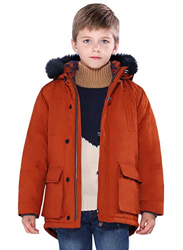 SOLOCOTE Jungen Wintermäntel Kinder Winterjacke Warm Dicke Schwergewicht Tough Lang Winddicht Outwear mit Kapuze SW18012 Orange B 5-6Y von SOLOCOTE