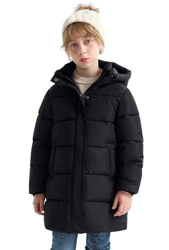 SOLOCOTE Jungen Wintermantel – Schwergewichtig wasserdicht mit Elastikmanschetten weichem Futter und Kapuze Daunenparka Schwarz 164 von SOLOCOTE