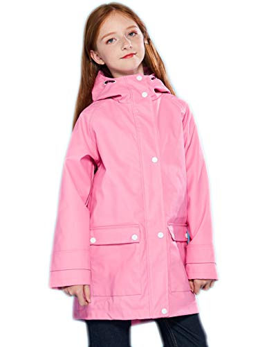 SOLOCOTE Kinder Regenjacke mit Kapuze gefüttert Gummi Regenmäntel für Mädchen Jungen Wasserdicht Winddicht Größe Rosa 11-12Y von SOLOCOTE