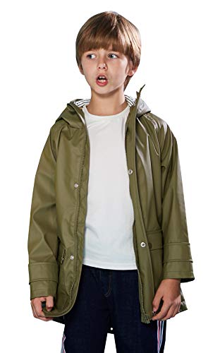 SOLOCOTE Kinder Regenjacke mit Kapuze gefüttert Gummi Regenmäntel für Mädchen Jungen Wasserdicht Winddicht Größe Armeegrün 11-12Y von SOLOCOTE