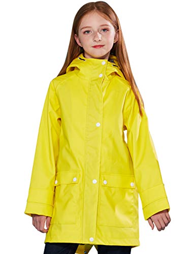 SOLOCOTE Kinder Regenjacke mit Kapuze gefüttert Gummi Regenmäntel für Mädchen Jungen Wasserdicht Winddicht Größe Gelb 11-12Y von SOLOCOTE