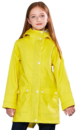 SOLOCOTE Kinder Regenjacke mit Kapuze gefüttert Gummi Regenmäntel für Mädchen Jungen Wasserdicht Winddicht Gelb 11-12 Jahre von SOLOCOTE