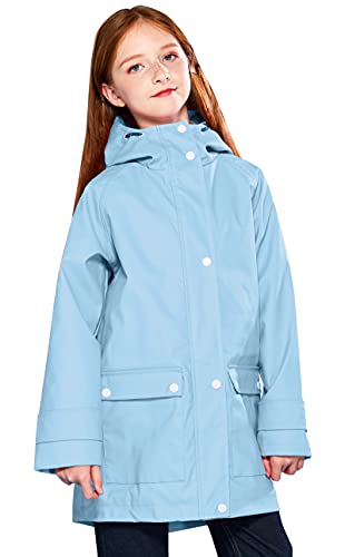 SOLOCOTE Kinder Regenjacke mit Kapuze gefüttert Gummi Regenmäntel für Mädchen Jungen Wasserdicht Winddicht Größe Hellblau 11-12Y von SOLOCOTE