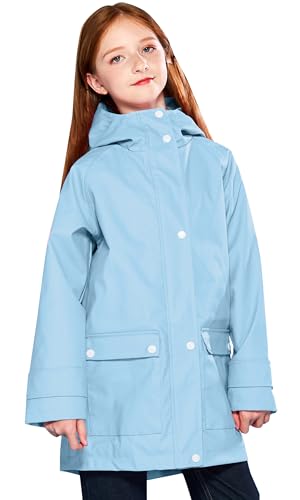 SOLOCOTE Kinder Regenjacke mit Kapuze gefüttert Gummi Regenmäntel für Mädchen Jungen Wasserdicht Winddicht Größe Hellblau 5-6Y von SOLOCOTE