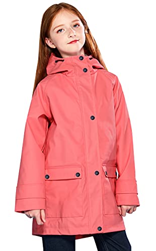 SOLOCOTE Kinder Regenjacke mit Kapuze gefüttert Gummi Regenmäntel für Mädchen Jungen Wasserdicht Winddicht Größe Koralle 11-12Y von SOLOCOTE