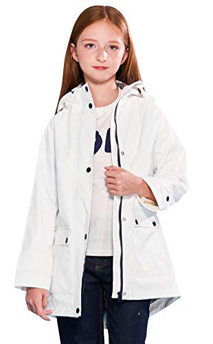 SOLOCOTE Kinder Regenjacke mit Kapuze gefüttert Gummi Regenmäntel für Mädchen Jungen Wasserdicht Winddicht Weiß 13-14 Jahre von SOLOCOTE
