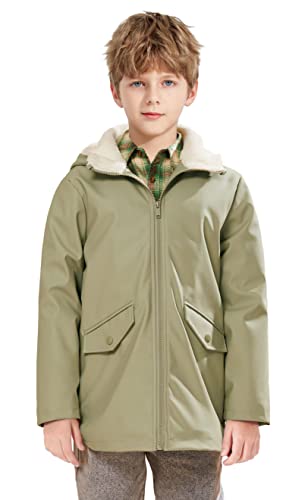 SOLOCOTE Kinder Regenjacke mit Sherpa-Futter Kapuzen-Gummiregenmäntel für Mädchen und Jungen Wasserabweisend Winddicht Khaki Grün 13-14 Jahre von SOLOCOTE