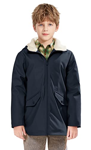 SOLOCOTE Kinder Regenjacke mit Sherpa-Futter Kapuzen-Gummiregenmäntel für Mädchen und Jungen Wasserabweisend Winddicht Marine 7-8 Jahre von SOLOCOTE