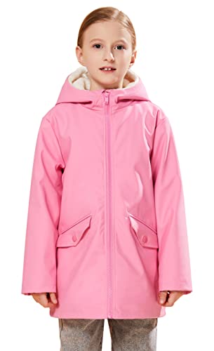 SOLOCOTE Kinder Regenjacke mit Sherpa-Futter Kapuzen-Gummiregenmäntel für Mädchen und Jungen Wasserabweisend Winddicht Rosarot 11-12 Jahre von SOLOCOTE