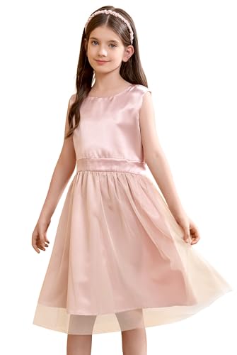 SOLOCOTE Kleine Mädchen Sommerkleid Lässig Ärmellos A-Linie Gazekleid Midi Urlaubskleid Rosa 7 Jahre von SOLOCOTE