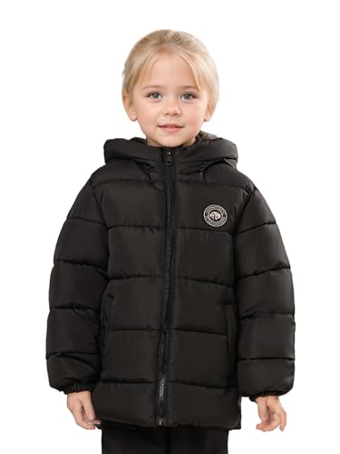 SOLOCOTE Kleinkind Mädchen Wintermantel wasserabweisend Faux Daunen Füllung Kapuze Fleece gefüttert kleine Kinder Puffy Jacken Schwarz 110 von SOLOCOTE