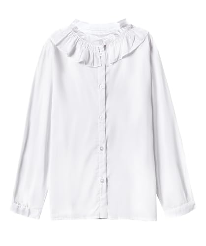 SOLOCOTE Mädchen Baumwoll-Knopfleiste Langarmbluse mit Peter Pan-Kragen Schuluniform-Top für Frühling und Sommer Weiß 9-10 Jahre von SOLOCOTE