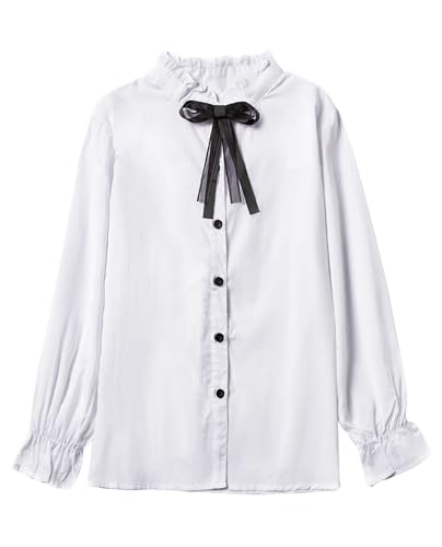 SOLOCOTE Mädchen Baumwolle Button Down Langarm Bluse mit Glocke Ärmel plissiert Kragen und Krawatte Schule Uniform Top für Frühling Sommer Weiß 11-12 Jahre von SOLOCOTE