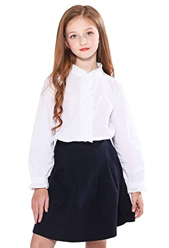 SOLOCOTE Mädchen weiße Bluse Rüschen Langarm Knopfleiste Hemden Prinzessin Baumwolle Lose Weiche Tops Frühling und Sommer A-weiß 13-14 Jahre von SOLOCOTE