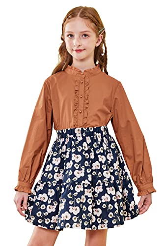SOLOCOTE Mädchen Bluse Rüschen Langarm Knopfleiste Hemden Prinzessin Baumwolle Lose Weiche Tops Frühling und Sommer braun 11-12 Jahre von SOLOCOTE