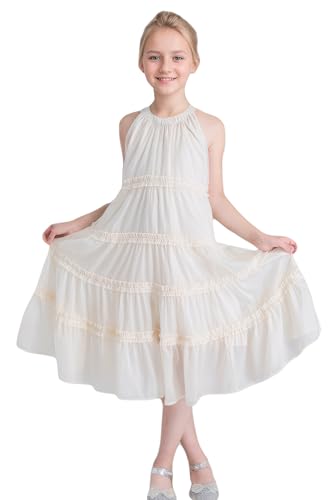 SOLOCETE Mädchen Sommerkleid Träger ohne Ärmel Cold Shoulder Ruffle Midikleid Kinder Beige 128 von SOLOCOTE