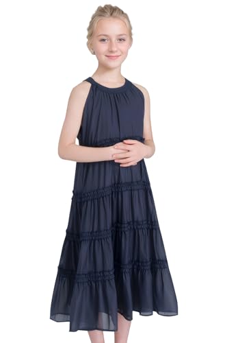 SOLOCETE Mädchen Sommerkleid Träger ohne Ärmel Cold Shoulder Ruffle Midikleid Kinder Schwarz 134 von SOLOCOTE