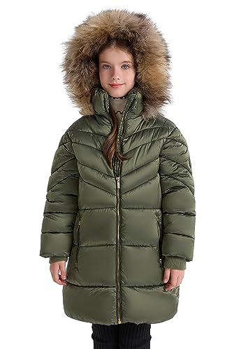 SOLOCOTE Mädchen Wintermantel - Schwergewichtig wasserdicht mit Kunstfellkapuze Sherpa-Futter Elastikmanschetten mit Reißverschluss Taschen langer Parka Grün 140 von SOLOCOTE