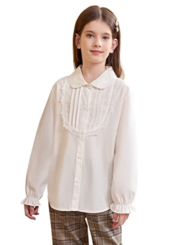 SOLOCOTE Mädchen Weiße Button-Down Hemd Peter Pan Kragen Bluse Langarm Rüschenschuluniform Oberteil Weiß 7 Jahre von SOLOCOTE