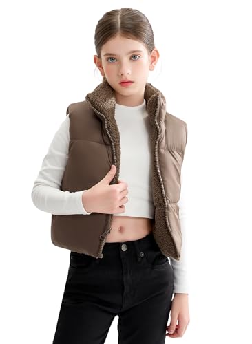 SOLOCOTE Mädchen Winter Wende Weste Gepolstert Kapuzenplüsch Gefütterte Taillenjacke Dicke Ärmellose Jacke für Kinder Braun 13-14 Jahre von SOLOCOTE